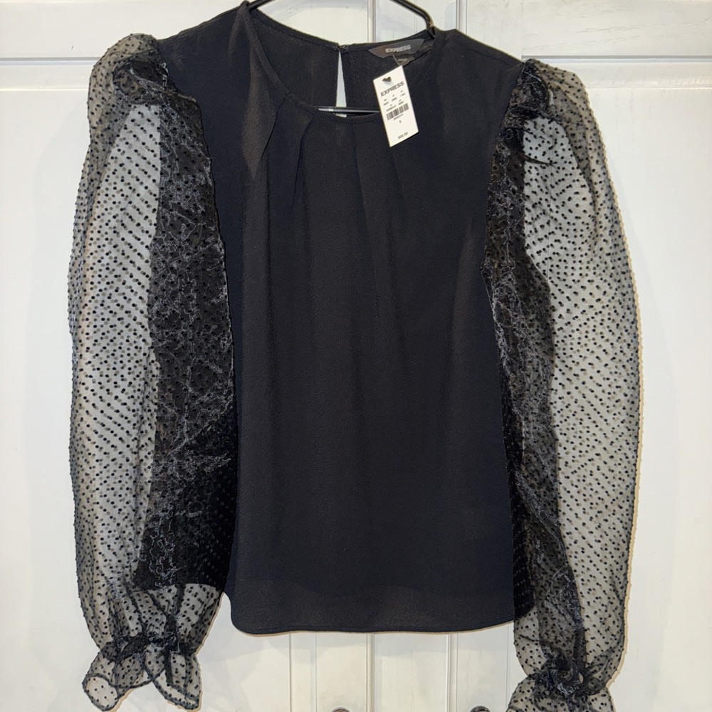 Express Women's Black Small Blouse With Sheer Organza Polka‎ Dot Sleeves NWT